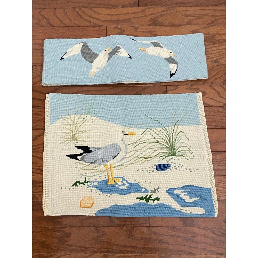 Vintage Needlepoint Seagull Directors Chair Cover Set Coastal Beach Nautical